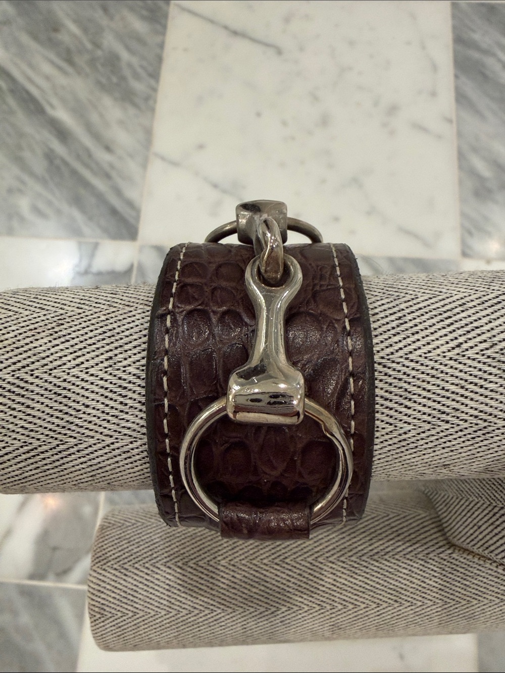 Women's Brown Croc-Textured Leather Bracelet with Silver Bit Accent